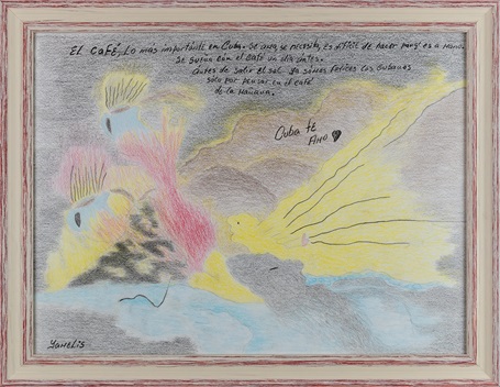 Cafe de la Cuba, Papierzeichnung von Künstlerin Yamelis Kimpel, 34cm x44,5cm Glassrahmen matt